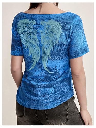 RoseSeek Women's Off The Shoulder Tops Graphic Goth Tee Y2k Vintage Asymmetrical Neck Oversized T Shirts thumbnail 2