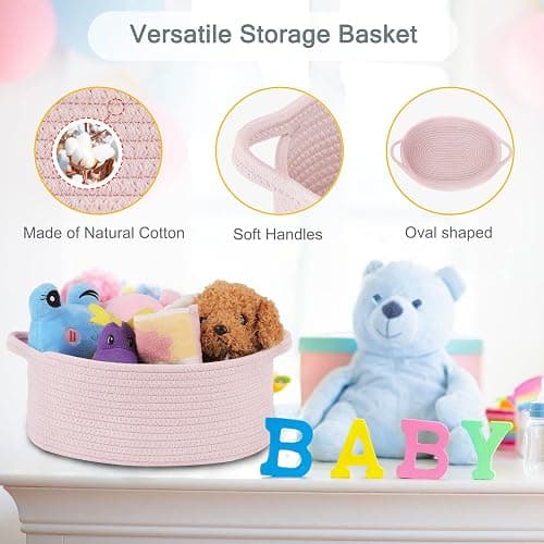 COMSE Small Woven Basket with Gift Bags and Ribbons, Gift Basket Empty, Cotton Rope Storage Organizer, Baby Toy Box with Handles, 12" x 8" x 5", Light pink thumbnail 7