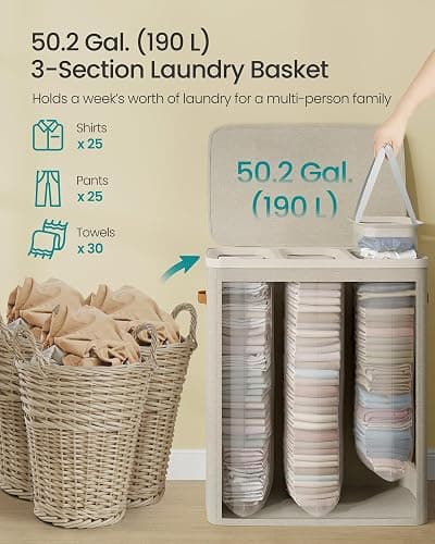 SONGMICS Laundry Basket, 50.2 Gal. Laundry Hamper, 3 Compartments, Easy Assembly, with Lid and Handles, Removable Liners, 25.2 x 15.7 x 29.5 Inches, Cappuccino Beige ULCB814LH01 thumbnail 5
