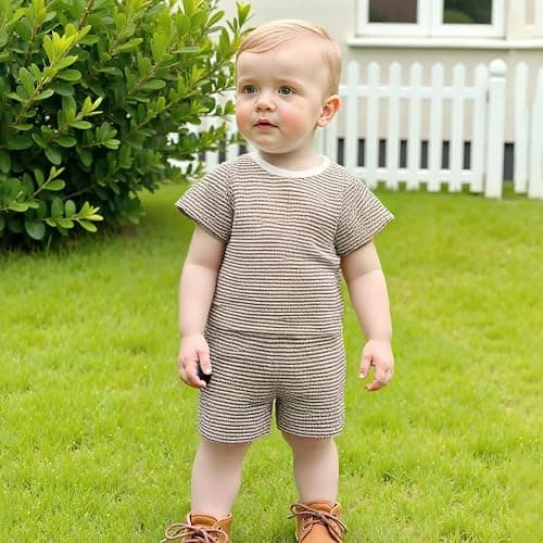 VISGOGO Boy Boy Girls Toddler Summer Outfit Striped T-shirt Toddler Boy Summer Clothes 6 12 18 Months 2 3 4 5 T Short Set thumbnail 7