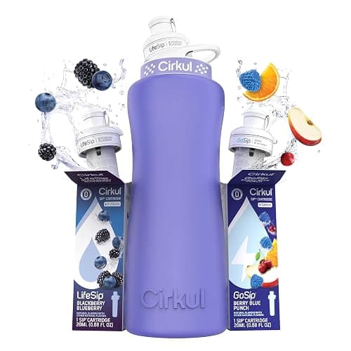 Cirkul 32oz. Matte Periwinkle Stainless Steel Water Bottle Starter Kit with Periwinkle Lid, 2 Flavor Cartridges (1 LifeSip Blackberry Blueberry, 1 GoSip Berry Blue Punch) No Sugar, Zero Calorie Drink Mix - Image 1