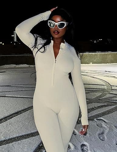 YEOREO Women Workout Jumpsuit Zip Up Long Sleeve Romper Bottom Pants Bodysuit Bodycon Sexy One Piece thumbnail 3