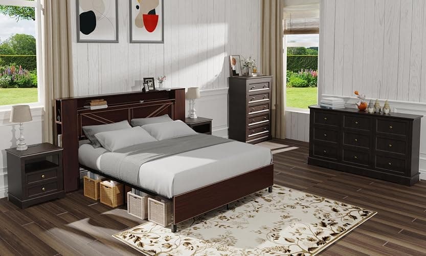 LOUVIXA Farmhouse Bedroom Sets of 4, Including 9 Drawer Dresser, 5 Drawer Dressers and Nightstand Set of 2 with Charging Station (Brown Sets, 4 Pieces) thumbnail 8