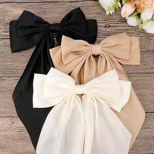 Velscrun Hair Bows for Women Girls 3Pcs White Silky Satin Large Hair Bow Black Coquette Bow Brown Big Bows Hair Clip Oversized Hair Ribbons Long Tail Hair Bow Hair Barrettes Hair Accessories Gifts thumbnail 7