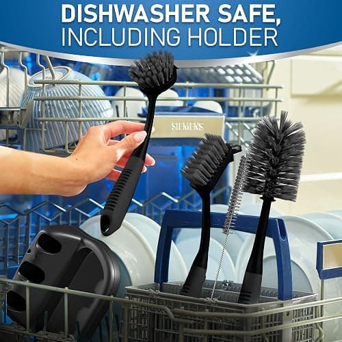 Dish Brush Set of 5 with Holder - Kitchen Scrub Brushes with Non-Slip Long Handle for Cleaning, Scrubber, Dishwashing, Dishes, Bottles, Straws, Cups, Pots & Sink, Black thumbnail 7