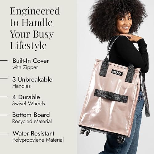 HULKEN (Small, Rose Gold) Reusable Grocery Bag On Wheels, Shopping Trolley, Rolling Tote, Zipper Closure, Lightweight, Carries Up to 66 lb, Folds Flat thumbnail 5