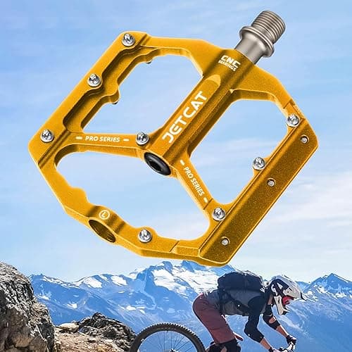 JETCAT Mountain Bike Pedals Flat - MTB Pedals Flat, Bicycle Pedals, Road Bike Pedals, BMX Pedals, for BMX MTN Road Gravel EBike, Specialized Parts, Adults, Aluminum Metal Stamp 9/16" - gold thumbnail 9