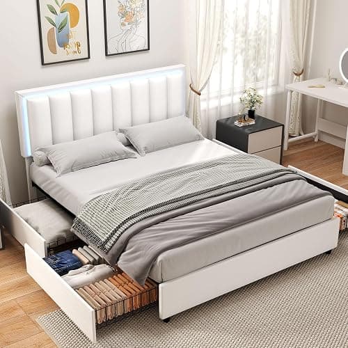 IMMERSTABLE Full Size Bed Frame with 4 Storage Drawers, Upholstered Bed Frame Full with LED Headboard, RGB LED Lights, Heavy Duty Wood Slat Support, No Box Spring Needed, Easy Assembly, White thumbnail 8
