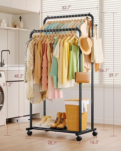 Sakugi Clothes Rack - Double Rods Clothing Rack with Mesh Shelf, Hooks & Wheels, Metal Clothing Racks for Hanging Clothes & Bags, Multifunctional Garment Rack for Laundry, Black, 28.7" x 16.5" x 59.1" thumbnail 3