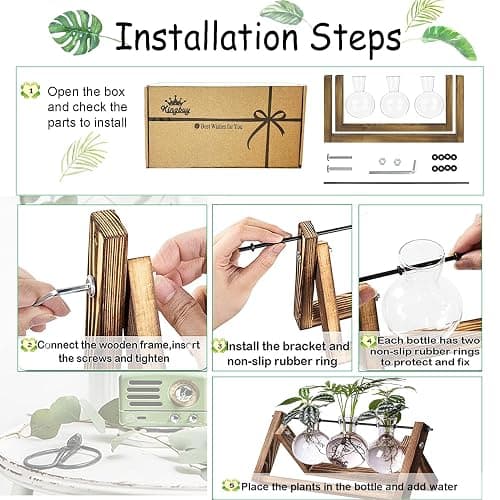 Kingbuy Plant Terrarium Propagation Station - 3 Glass Bulb Vases with Retro Wooden Stand Boho Desktop Planter for Hydroponics Home Garden Indoor Home Office Decor Unique Gifts for Women & Plant Lovers thumbnail 6