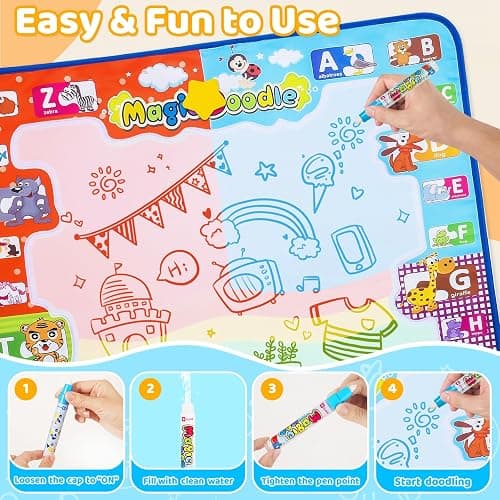 KIZZYEA Toys for 2 3 4 5 Years Old Boys Girls, Water Doodle Mat for Kids, Large Coloring Painting Writing Mat with Neon Colors, Educational Toys Christmas Birthday Gifts for Age 2-4, 3-5 Toddlers thumbnail 6