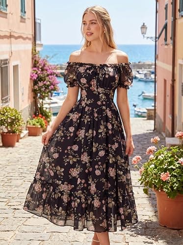 Scarlet Darkness Floral Corset Dress Women Summer Cottagecore Flowy Dress | Puff sleeve, off the shoulder or square neck, slit hem, side pockets; ideal for tea party, wedding, vacation, date thumbnail 3