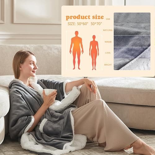 ACCU-WARMTH Wearable Heated Blanket - Warm Up Electric Blanket Hoodie with 6 Heat Levels, Snuggies for women, gifts for her, 50"x70", London Grey thumbnail 6