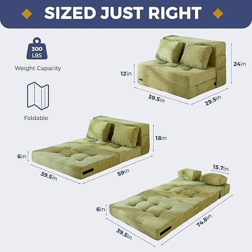 MAXYOYO Convertible Sofa Bed, Fold Out Loveseat Sleeper Sofa with Pillow, 4 in 1 Tufted Folding Couch Bed Foam Floor Couch, Lazy Chair for Living Room Bedroom Guest Room, Green thumbnail 3