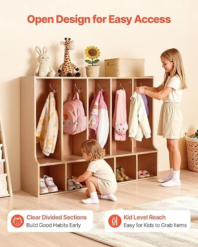 VEVOR 5-Section Coat Locker with Bench, Kids Lockers with 10 Hooks & Non-Slip Mat, Classroom Cubbies for Daycare, Home, Kindergarten- Natural thumbnail 4