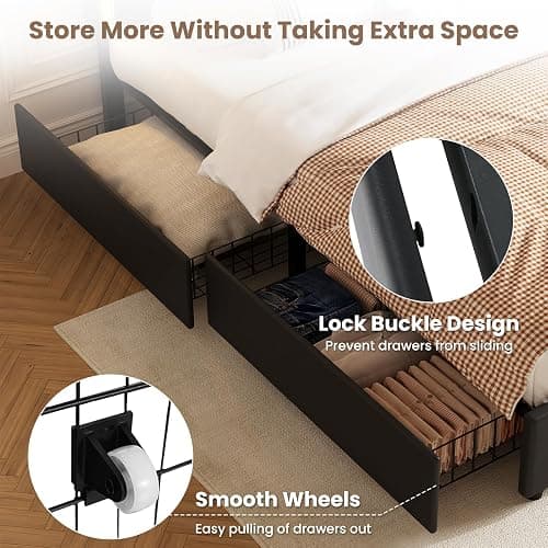 IMMERSTABLE Full Size Bed Frame with Headboard and 4 Storage Drawers, Faux Leather Upholstered Platform Bed with LED Lights, Metal and Wood Slats, No Box Spring Needed, Easy Assembly, Black thumbnail 5