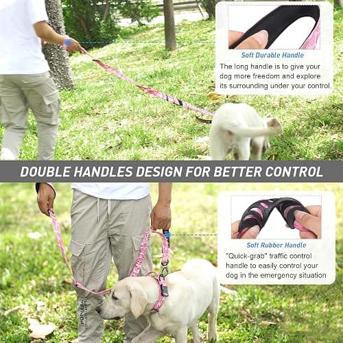 Hotsky Tactical Dog Leash Heavy Duty for Medium Large Dogs That Pull,4-6Ft Strong Bungee Shock Absorbing No Pull Dog Leash with Padded Double Handle and Car Seatbelt,Pink Camo thumbnail 7