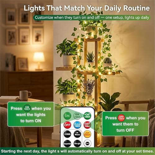Terids 33FT 100LED Ivy Vine Fairy Lights 2500mAh Rechargeable Battery, | String Lights with Remote Control,8 Modes,DIY Timer & Light Sensor, Waterproof for Bedroom Dorm Wedding Party Christmas Deco thumbnail 6