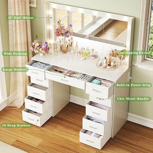 HUAHUU 43.3" Vanity Desk with Mirror and Lights, 3 Lighting Modes, Large Makeup Vanity Desk with 11 Fabric Drawers, Built-in AC Outlets & USB Ports, White Vanity with Lights for Bedroom Makeup Room thumbnail 6