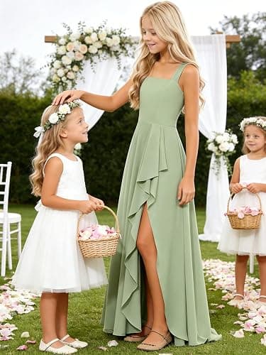 Basgute Chiffon Junior Bridesmaid Dresses for Wedding Long Ruffles Slit Flower Girl Dress A Line Formal Gown thumbnail 3