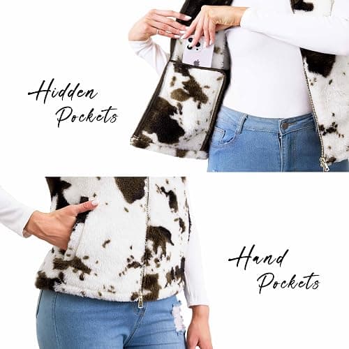Women's Fuzzy Cow Print Vest Cozy Lightweight Sherpa Fleece Vest for Women Sleeveless Outerwear with Pockets thumbnail 4