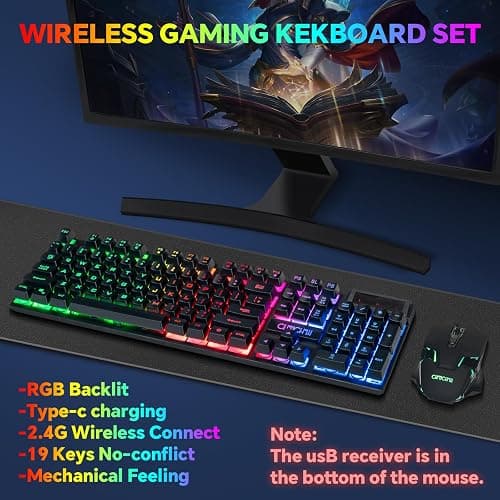 CHONCHOW USB Wireless Gaming Keyboard and Mouse Combo, LED Backlit Ergonomic Mechanical Feeling Keyboard, Rechargeable 2500mAh Battery, Anti-ghosting Keyboards 7D 3600DPI Mice for PC Gamer thumbnail 2