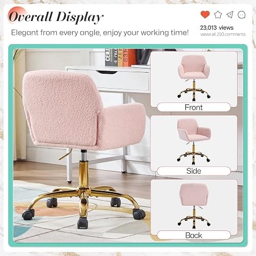 Homedraft Faux Fur 360°Swivel Desk Chair, Height Adjustable Home Office Armchair with Gold Base for Teens Women Girls, Upholstery Computer Chair for Home Studios, Sherpa & Light Pink thumbnail 9
