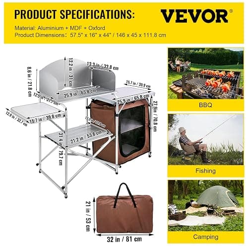 VEVOR Camping Kitchen Table, Aluminum Portable Folding Camp Cook Station with Windscreen, Cupboard, Storage Organizer, Carrying Bag, Quick Installation for Outdoor Picnic Beach BBQ RV Traveling, Brown thumbnail 2