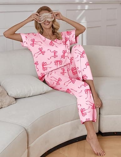 Ekouaer Pajama Sets Womens 2 Piece Short Sleeve Long Pants Pjs Lounge Set | Soft Comfy Pjs with Pockets,Casual V Neck Sleepwear,Matching Set for Travel,Maternity,Daily,Outfits thumbnail 4