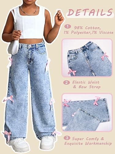 Fulihug Jeans for Girls Baggy Wide Leg Cute Bow High Elastic Waisted Denim Pants Y2K Boyfriend Skater Streetwear 7-14Y thumbnail 6