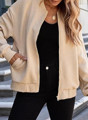 EVALESS Womens Bomber Jacket Coat Casual Stand Collar Zip Up Lightweight Fall Fashion Jackets Outfits with Pockets thumbnail 4