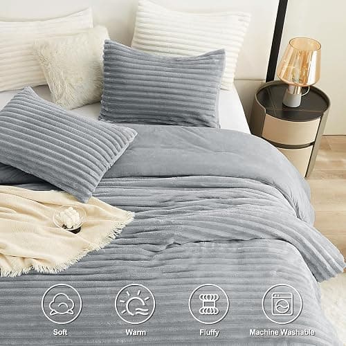 CozyLux Fluffy Queen Comforter Set - Super Soft & Warm Grey Comforter Queen Size, Winter Fleece Bedding Set, 3 Pieces Plush Fuzzy Bed Set (1 Shaggy Comforter, 2 Pillowcases) thumbnail 2