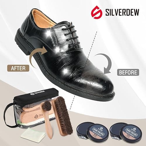 SILVERDEW 6-Piece Shoe Polish Kit, Portable Shoe Shine Kit Includes 2PCS Horsehair Brushes, 2PCS Black Shoe Polishes, Polishing Cloth and Carrying Bag, Leather Boot Care Kit for Men & Women thumbnail 4