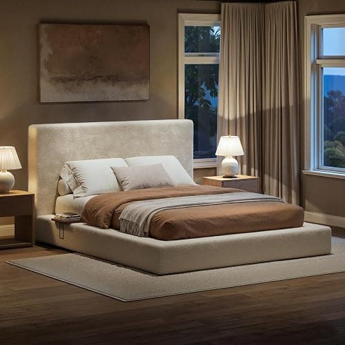 Evermagin White Queen Upholstered Bed Frame with Headboard,Soft Frame Cloud Bed with Adjust 2 Bedside Table,Modern Platform Cushion Bed Frame for Bedroom,No Box Spring Required Easy Assembly thumbnail 7