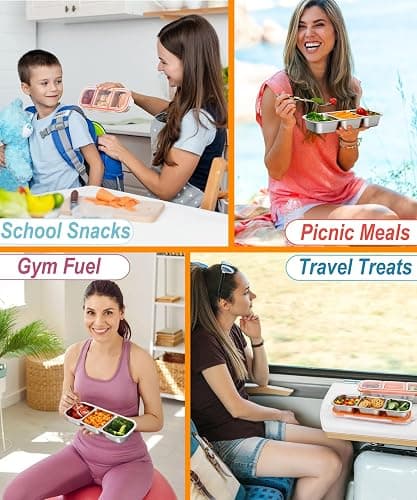 3-Pack Stainless Steel Snack & Lunch Containers for Kids & Adults, 20 oz | 3 Sealed Compartments, Dishwasher-safe, Leak-proof, Stackable, Clear lid, 10.7 in long, For daycare, school, work & travel thumbnail 7