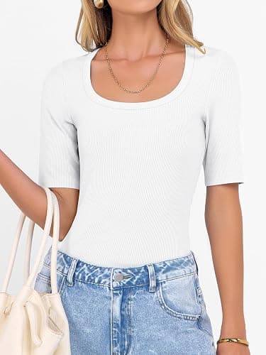 ANRABESS Womens Half Sleeve Tops Scoop Neck Ribbed Knit Slim Fitted Basic Tee Shirts Summer 2026 Trendy Spring Casual Clothes thumbnail 3