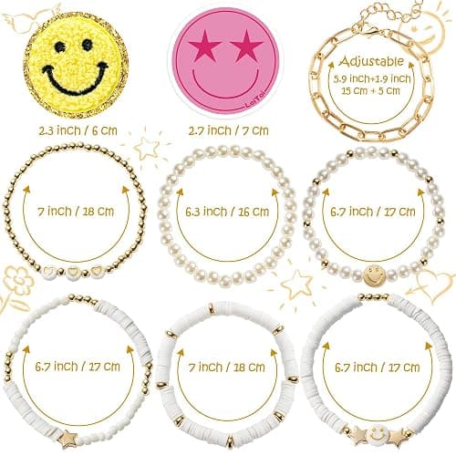 Preppy Bracelets Set Colorful White Gold Smile Heart Star Polymer Beaded Pearl Clay Stackable Charm Y2K Kidcore Aesthetic Summer Beach Bohemian Stretch Layering Bracelets Jewelry for Girls Women Teens - White Gold thumbnail 2
