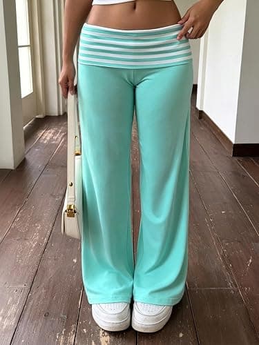 Kavmyre Teal Fold Over Pants Striped Cutecore Foldover Sweatpants 2000S | Teal Pants, Low Rise Yoga Pants, Straight Leg, Relaxed Fit, Cute Streetwear, Casual, Lounge, 2000S thumbnail 5