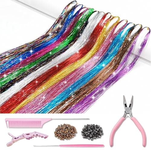 Hair Tinsel Kit with Tools and Instruction Easy to Use 12 Colors 2400 Strands 48 Inches Tinsel Hair Extensions for Women and Girls, Glitter Sparkling Shinny Fairy Hair Accessories for Party - Image 1