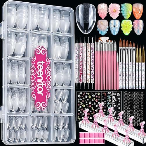 Teenitor Short Almond Nail Tips Set, 510 Pcs 15 Sizes Half Matte Pre-shaped Clear Acrylic Nail Tips, 23 Pcs Nail Art Brushes, Dotting Tool, Nail Stand, Nail Stickers for DIY Nail Art - Image 1