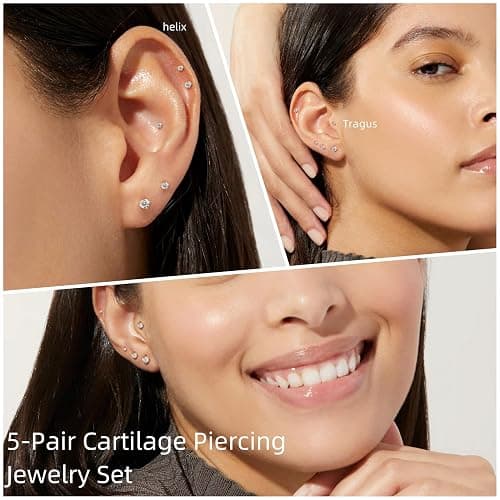 Small Gold Stud Earrings Set for Women Men, Hypoallergenic Cubic Zirconia Mini Stud Earrings for Women, 14K Gold Plated Tiny Cartilage Earrings Set for Multiple Piercing 5 Earrings Pack thumbnail 5