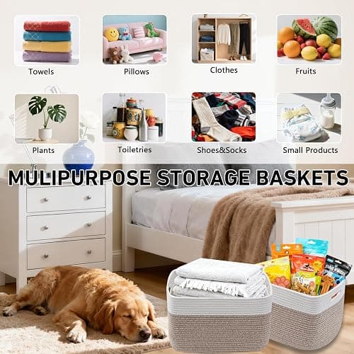 HZFTJOY 3 Pack Woven Baskets,Storage Baskets for Shelves with Handles | 13.5"×11"×9.5" Closet Baskets, Nursery Organizer for Toys Towels Books, Storage Bin for Living Room Bedroom (White&Brown) thumbnail 6