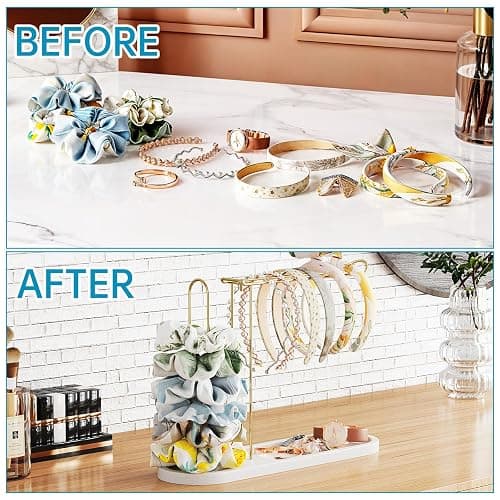 NiHome Headband Holder with Solid Pine Wood Base and Metal Rack, Large Capacity Hair Accessory Organizer for Headbands, Scrunchies, Bracelets, Watches, Glasses, Space-Saving Design for Vanity, Dresser thumbnail 6