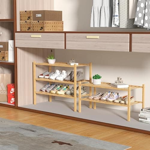 ROMGUAR CRAFT 3 Tier Bamboo Shoe Rack for Closet Free Standing Wood Shoe Shelf Storage Organizer for Entryway Small Space Stackable 27"x11"x20" (Natural) thumbnail 4