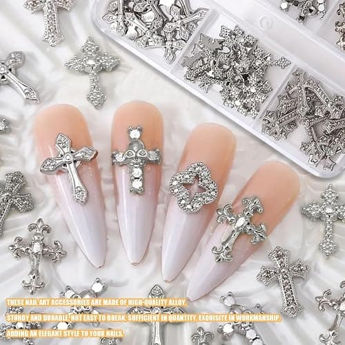 60 Pcs Kreuz Nagel Charms für Nagelkunst, 3D Metall Kristall Kreuz Nagel Dekorationen, Legierung Nagel Nieten und Strasssteine für Frauen Mädchen DIY Schmuck Handwerk Zubehör (B-Silber) thumbnail 4