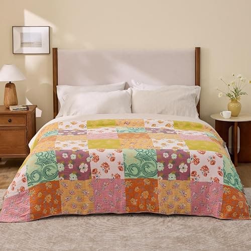 RILIHO 100% Cotton Boho Throw Blanket for Home Decor – Classic Farmhouse Quilt Bedding, Muslin Blankets for Adults, Vintage Woven Decorative Blanket for Couch, Bed Layering Use, Patchwork, 50"x60" thumbnail 6