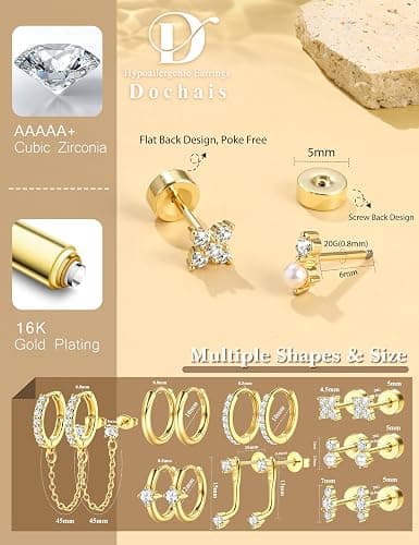 Dochais Hypoallergenic Flatback Stud Hoop 14K Gold Plated Earrings Stacks - Surgical Stainless Steel Earring Set Chain Cartilage Earrings - Small Ear Piercing Flat Back Earring for Women Trendy thumbnail 3