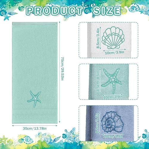 Hahafelt 3 Pack Coastal Hand Towels for Bathroom 100% Cotton Embroidered Beach Bathroom Towels 13.8 x 29.5'' Seashell Starfish Conch Blue Finger Towel Nautical Decorative Towel Gift for Summer Holiday thumbnail 3
