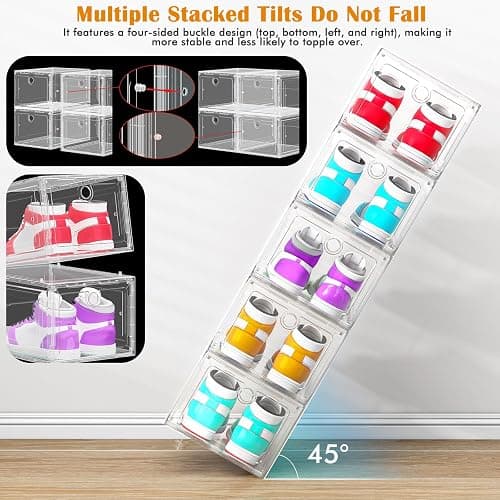 ARSTPEOE 6 Pack Upgrade Harder Shoe Organizer, Shoe Storage with Magnetic Front Door, Clear Shoe Boxes Foldable Space-Saving Shoe Rack for Sneaker Boot Container, White thumbnail 3