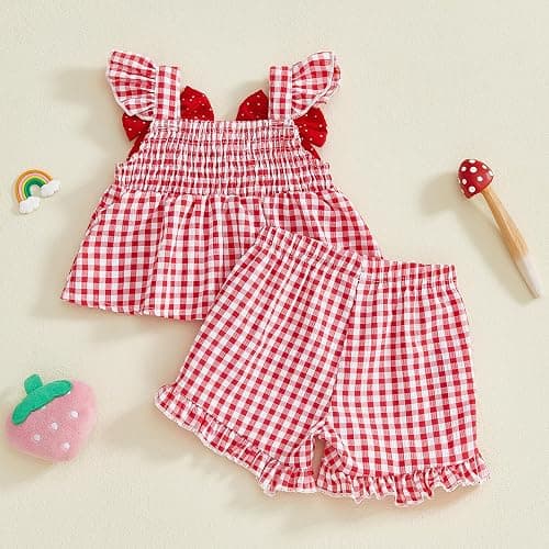 Mubineo Toddler Baby Girl Summer Clothes Cute Ruffle Shirt Tops Dress Shorts Outfits Set Fruit Blouse Princess Outfit thumbnail 4